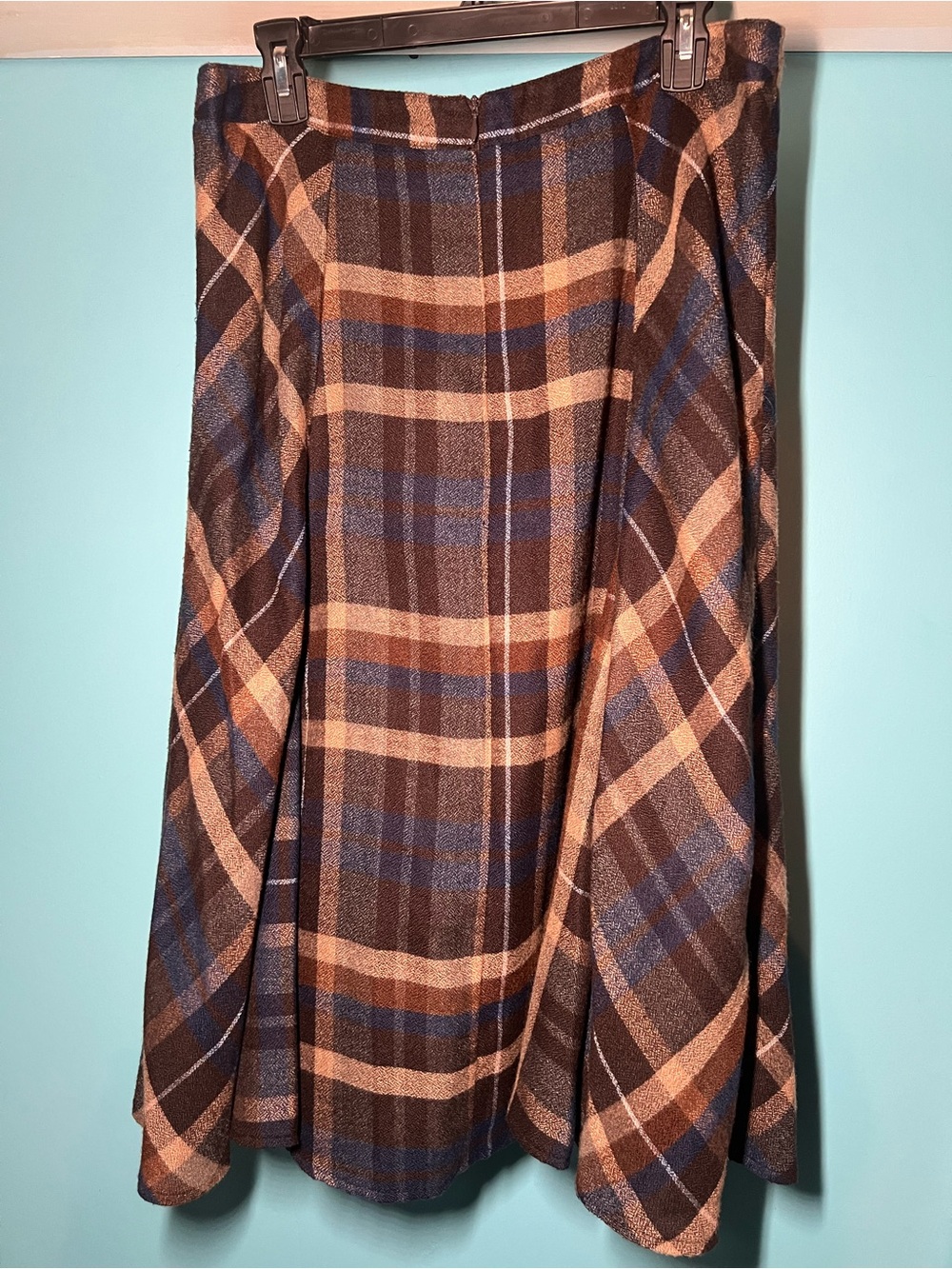 Cato Plaid A-Line Midi Skirt in Brown, Blue, Tan - Picture 3 of 4